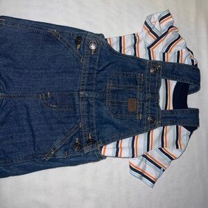 Denim Overalls with Striped Shirt Set